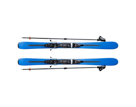 Winter sports equipment featuring blue skis and poles on transparent background