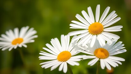 Obraz premium Close-up of fresh daisies with a soft green backdrop, natural light enhancing their delicate beauty.