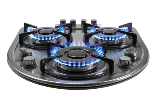 Gas stovetop with blue flames, chrome finish, against black backdrop