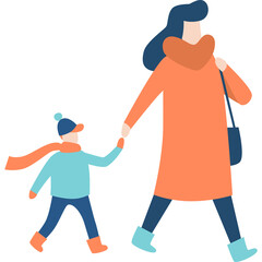 Woman And Child Holding Hands Walking Together Outdoors Wearing Warm Winter Clothing In Flat Design Style