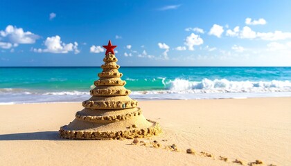 Balanced stone stack on sandy beach with ocean and mountains