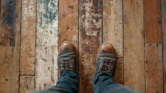 Well-worn leather boots standing proudly on a rustic reclaimed wood floor, showcasing character and timeless style, perfect for lifestyle blogs