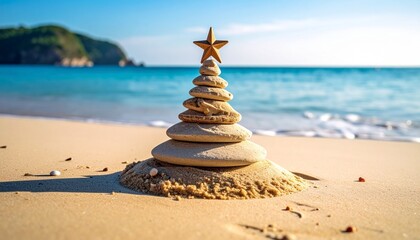 Balanced stone stack on sandy beach with ocean and mountains
