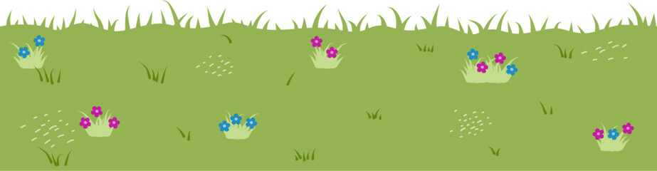 Cute Green Grass Field with Colorful Flowers Flat Vector Illustration