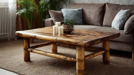 A natural bamboo coffee table with candles and a plant sits on a textured rug in a cozy living room