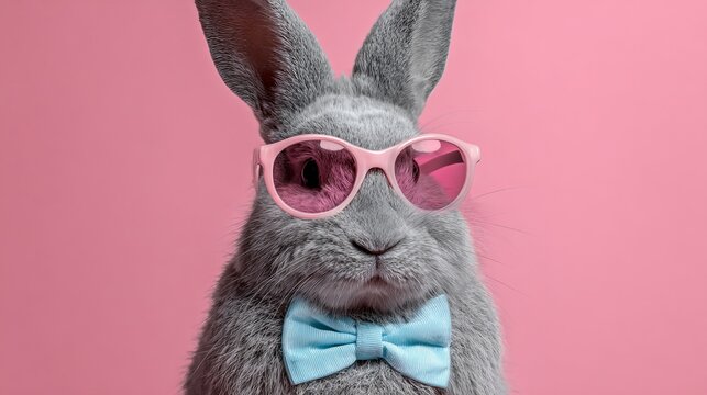 Adorable gray bunny wearing pink sunglasses and a blue bow tie against a vibrant pink backdrop, perfect for Easter promotions and springtime fun