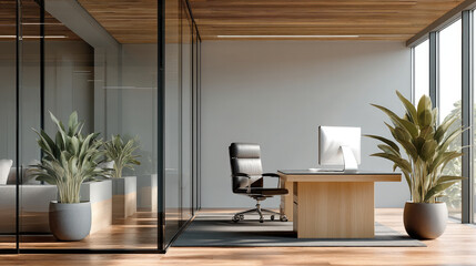 Fototapeta premium Modern minimalist office interior with large windows, wooden floor, glass walls, potted plants, and sleek desk creates calm workspace