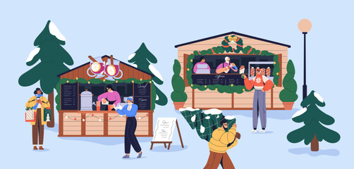 Christmas market with seasonal street food and hot drinks. People walking outdoors in snow, winter holiday fair. Festive Xmas and New Year booths, huts at wintertime. Flat vector illustration