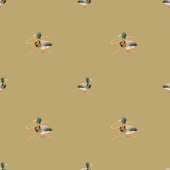 Watercolor seamless pattern with ducks and orange ribbons on a beige background. Ideal for wallpaper, fabric, wrapping paper, and rustic home decor.