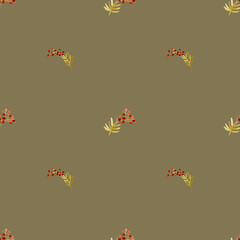 Watercolor seamless pattern with red berries and yellow leaves on a warm brown background. Ideal for wallpaper, textiles, wrapping paper, and fall home decor.