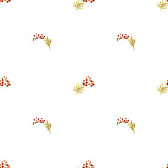Watercolor seamless pattern with red berries and yellow leaves on transparent background. Ideal for wallpaper, textiles, wrapping paper, and fall home decor.