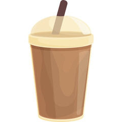Cartoon Iced Coffee Drink With Creamy Foam And Brown Straw In A Transparent Plastic Cup With Domed Lid Isolated On White Background