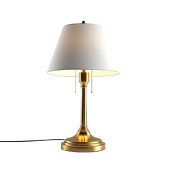 Elegant gold desk lamp with a white lampshade, isolated on black
