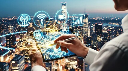 A person uses a tablet with network icons overlaid on a city backdrop at twilight - Powered by Adobe