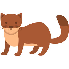 Cartoon Illustration of a Brown Weasel with Light Brown Belly Standing on a White Background with a Tail Curve