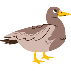 Cartoon Illustration of a Brown Duck With Yellow Beak and Feet Standing on Transparent Background