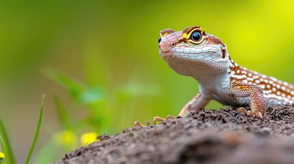 Obraz premium A close-up view of a vibrant lizard basking in natural light, showcasing its gentle demeanor in an enchanting wildlife habitat