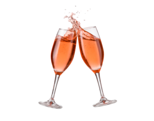 Celebration toast with splashing sparkling rosé wine in glasses on transparent background