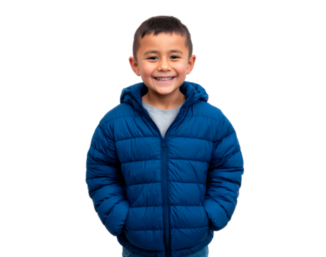 Smiling boy in blue jacket on transparent background for winter fashion concept - Powered by Adobe