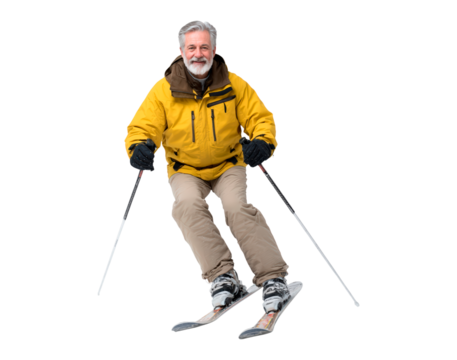 Elderly man skiing with joy, winter sports adventure concept on transparent background