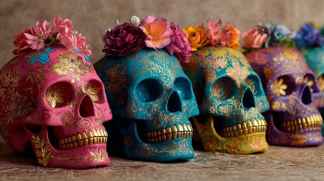 Vibrant decorative skulls with floral accents offer a colorful celebration of Dia de los Muertos and Mexican heritage, perfect for cultural events