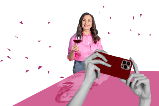 Composite photo collage of happy old woman hold wineglass birthday party surprise salute hands capture phone isolated on painted background