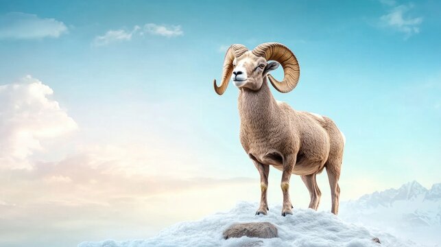 Majestic bighorn sheep perched on a snowy mountain edge under a serene sky at dawn, showcasing its impressive horns and powerful stature