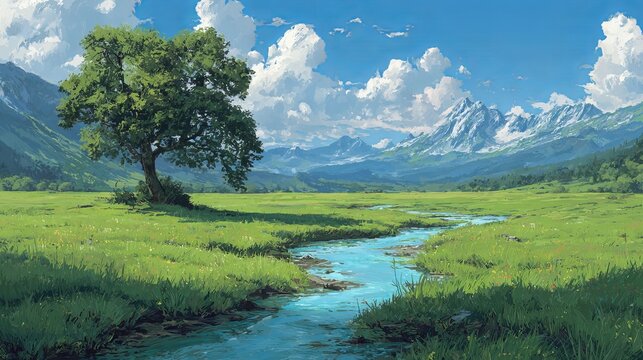 Breathtaking mountain landscape with vibrant green meadow and flowing stream evokes peace and tranquility for nature lovers everywhere