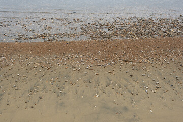 Sand and pebbles on the seashore, closeup nature beach background