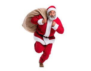 Santa claus running with gift bag for christmas celebration and holiday decoration on transparent background