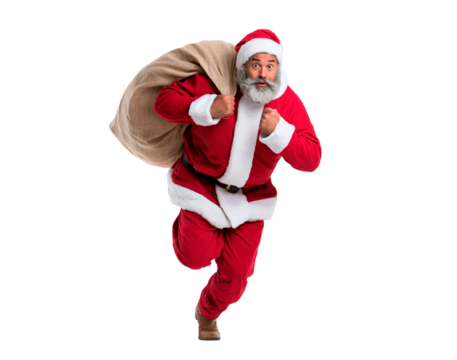 Santa claus running with gift bag for christmas celebration and holiday decoration on transparent background