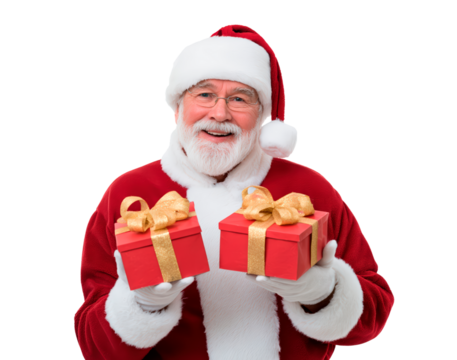 Santa claus holding gift boxes with golden ribbons for christmas celebration on transparent background
