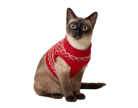 Cute siamese cat wearing a festive knitted sweater for winter season on transparent background