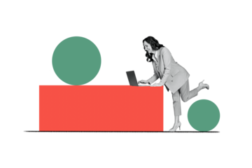 Composite photo collage of happy businesswoman type laptop office worker occupation freelancer netbook isolated on painted background