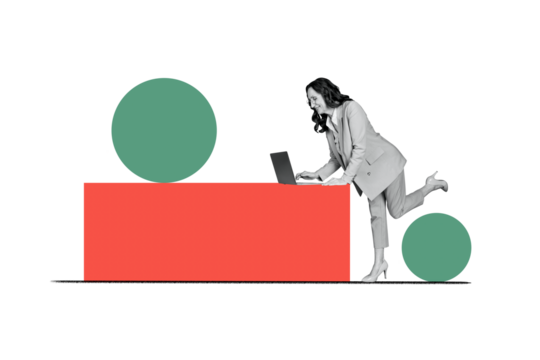 Composite photo collage of happy businesswoman type laptop office worker occupation freelancer netbook isolated on painted background