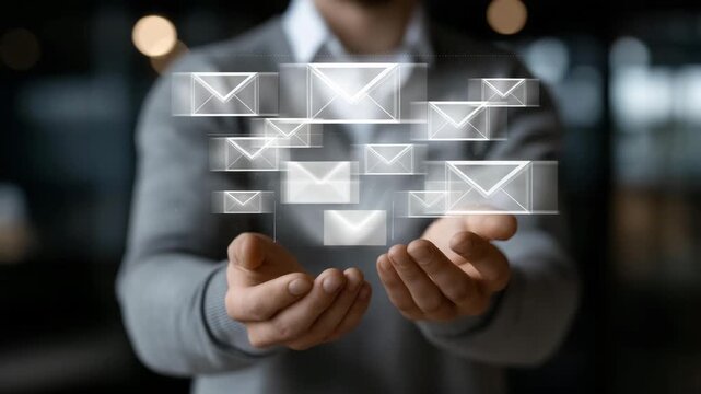 Corporate worker managing multiple holographic emails with AR gloves, emotion of control and innovation visible, symbolizing efficient digital communication, intelligent systems, and