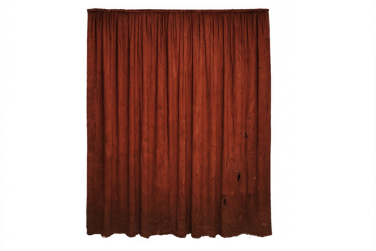 Old red fabric curtain with torn holes on transparent background, showing texture and vintage style