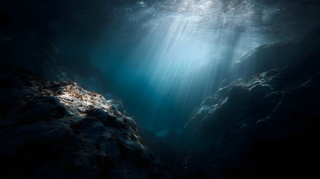 Sunlight rays pierce through a deep underwater rocky canyon