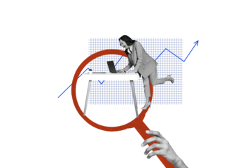 3d sketch poster trend collage image of happy old businesswoman surf laptop workplace desk arrow development hand hold lens hiring