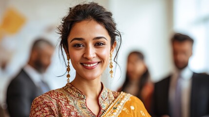 Smiling Indian businesswoman radiates confidence in vibrant traditional clothing during an international meeting with diverse colleagues