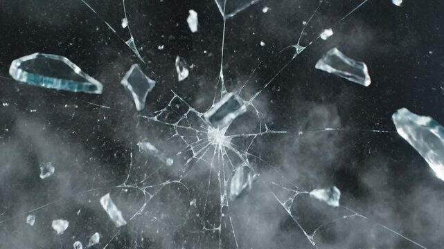 Glass Window Shatters and Cracks, With Flying Shards and Smoke Effect