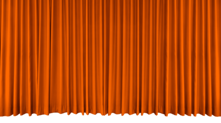 Long orange stage curtain, velvet curtain for movie, concert or drama scenes PNG transparent.