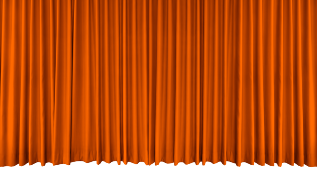 Long orange stage curtain, velvet curtain for movie, concert or drama scenes PNG transparent.