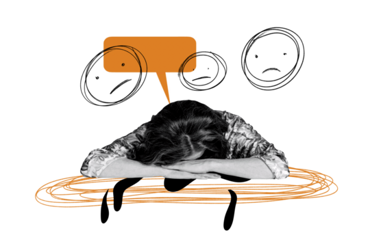 Collage 3d image of pinup pop retro sketch of tired female sad stressed depressive thoughts unusual fantasy billboard comics