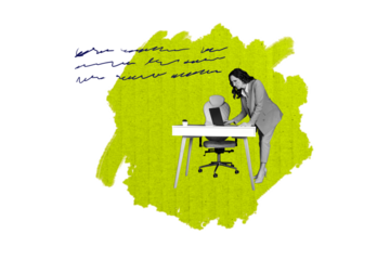 Composite trend artwork sketch image collage of aged lady office manager formalwear work boss table laptop armchair businesswoman