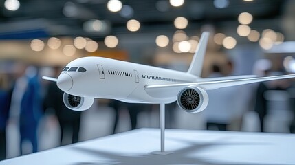A white airplane model stands prominently at the Paris Air Show, surrounded by a lively blur of industry professionals and vibrant bokeh lights
