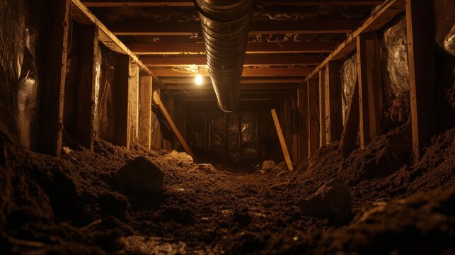 A dimly lit crawl space with exposed beams, dirt floor, and a ventilation pipe, creating an eerie, confined atmosphere.