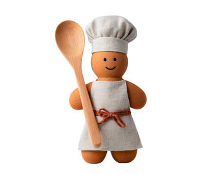Smiling gingerbread chef doll with wooden spoon on transparent background