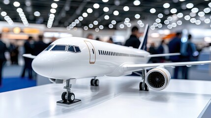 Showcasing a detailed aircraft model at the aviation exhibition in Moscow with a vibrant bokeh of attendees blurred in the background