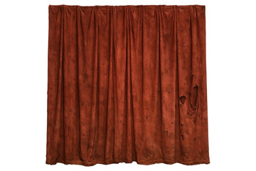 Grungy red curtain with torn fabric showcasing old theater atmosphere, stage backdrop, and horror theme, transparent background